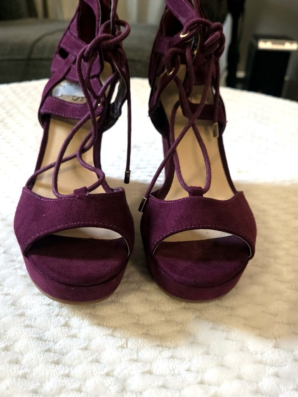 Guess Burgundy Lace-Up Peep Toe Platform Wedge Sandals 7